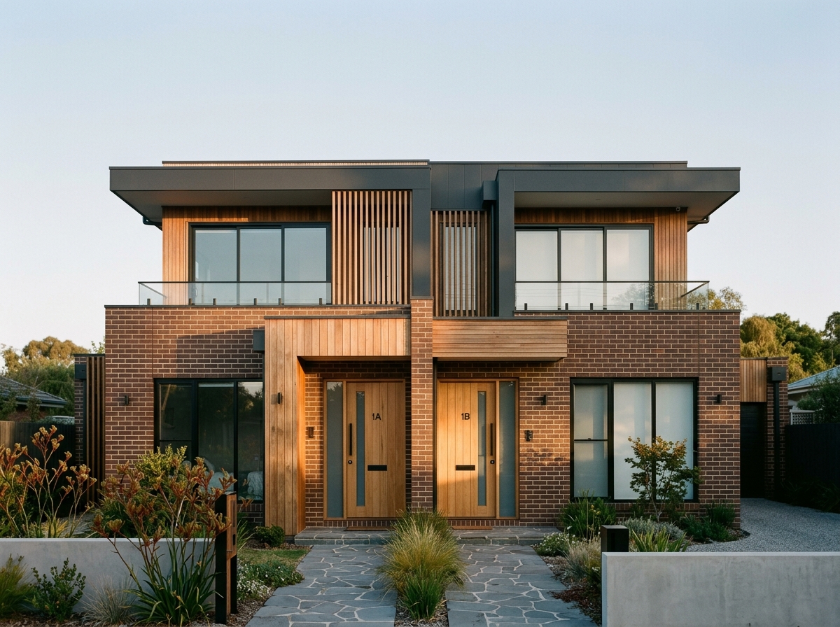 Modern duplex facade with two front doors