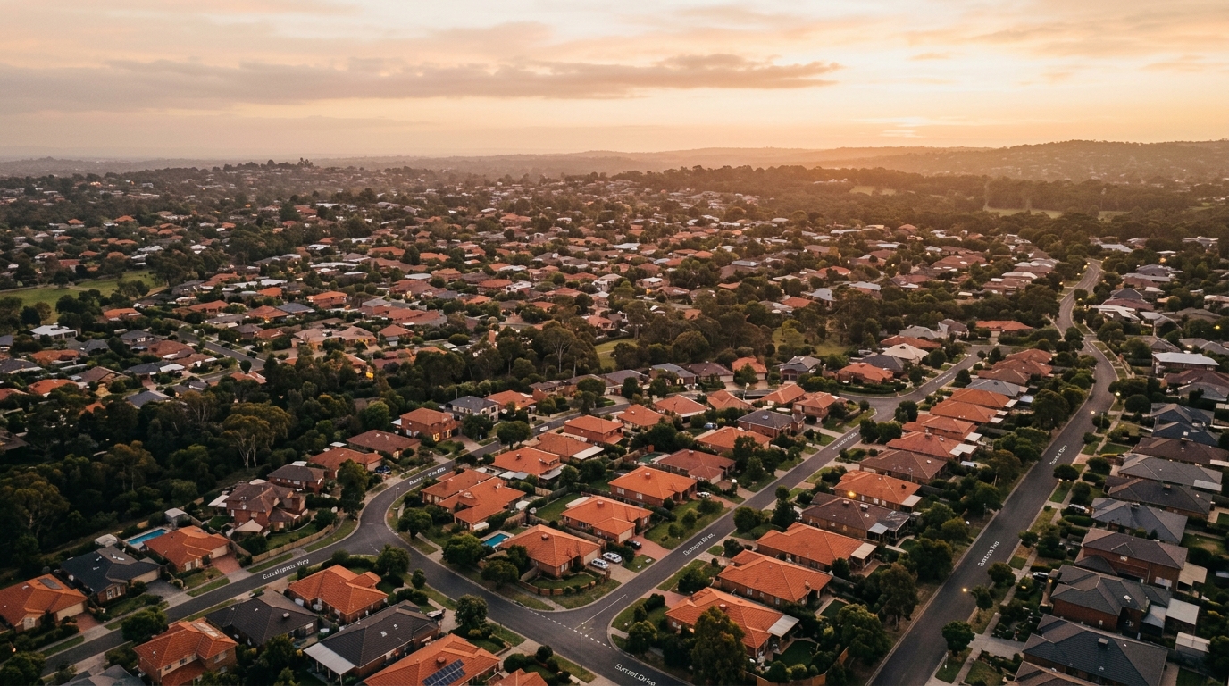 Australian suburb rooftops at dusk